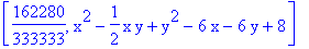 [162280/333333, x^2-1/2*x*y+y^2-6*x-6*y+8]